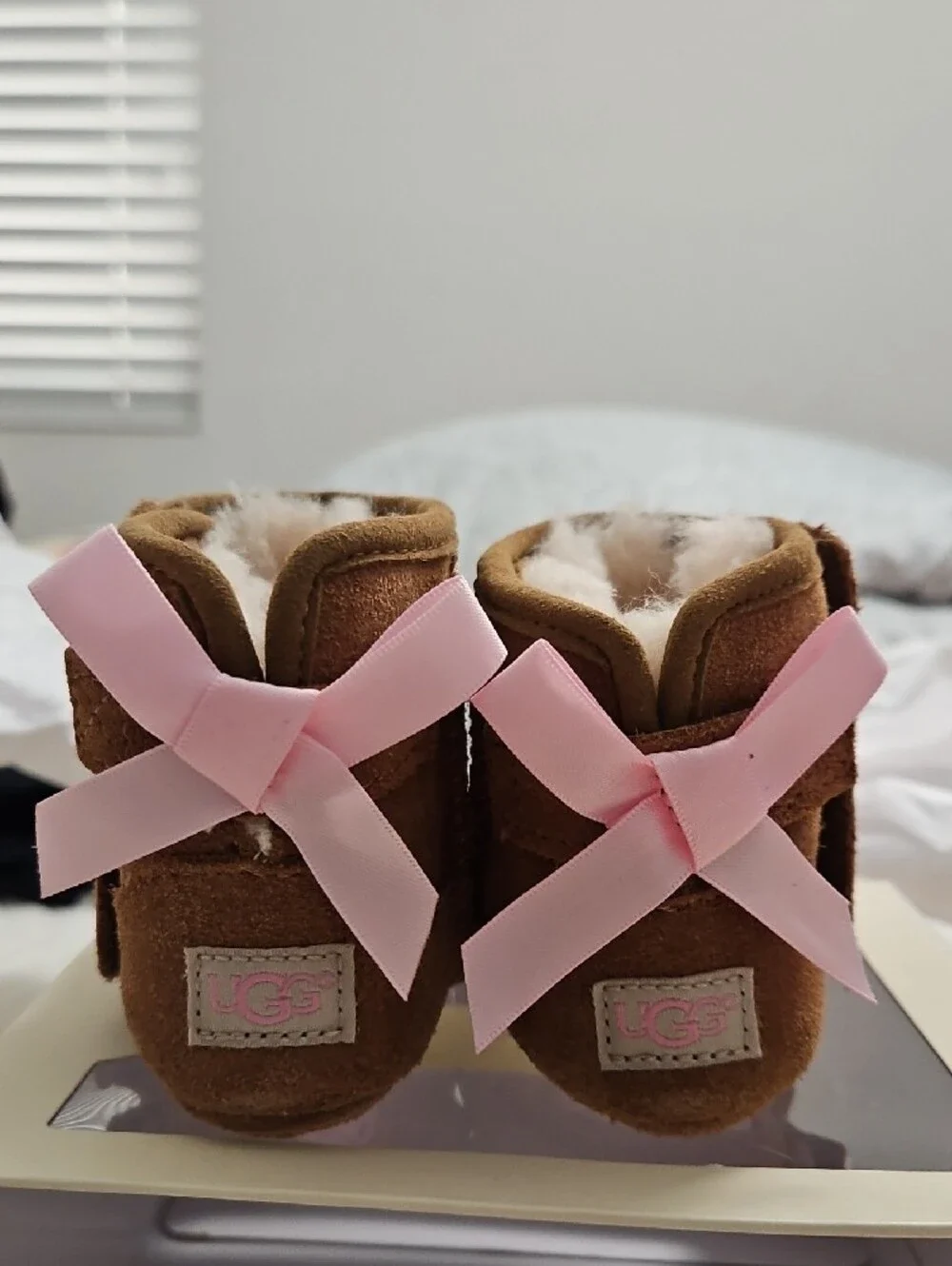 UGG Chestnut Suede Baby Booties with Pink Bows